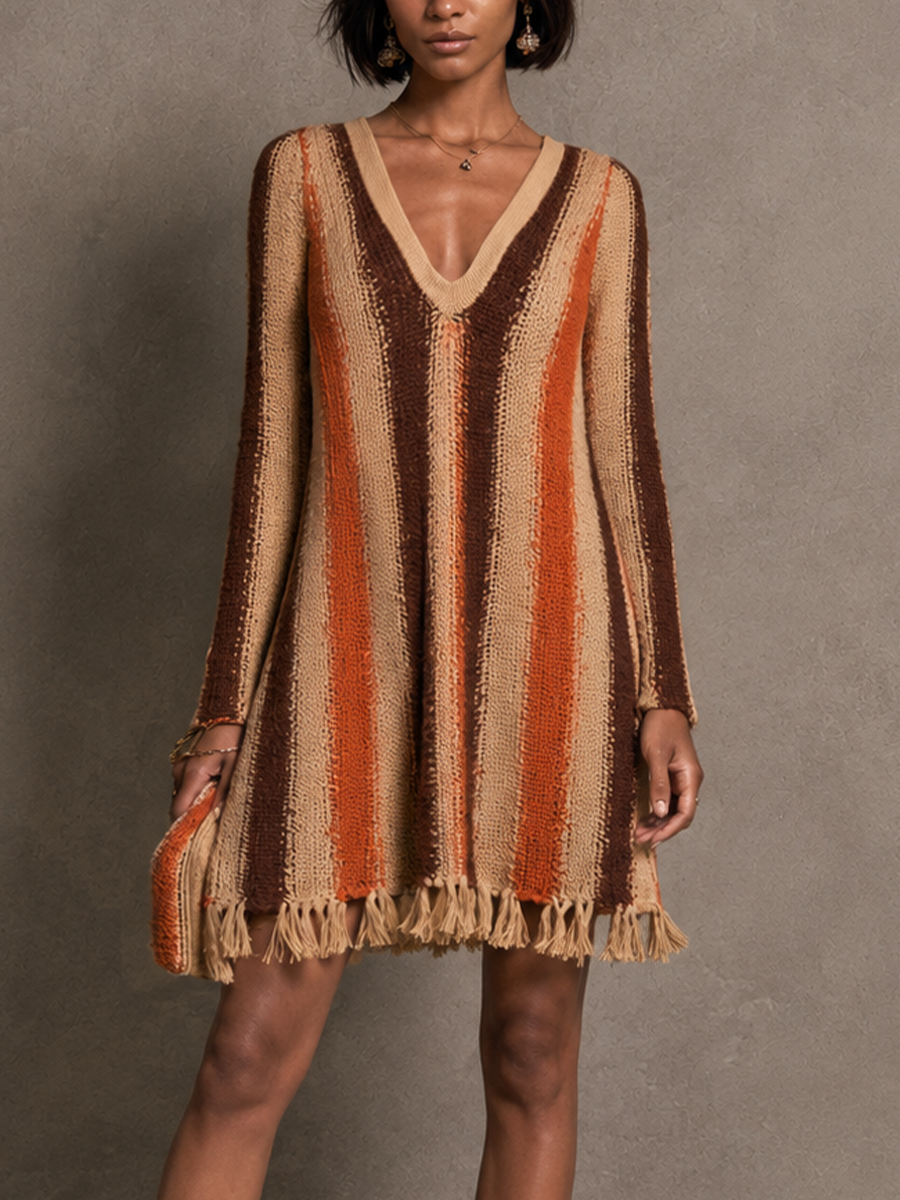 Women's Striped Fringe Bohemian Knit V-Neck Mini Dress MDZ2426H9GMJ