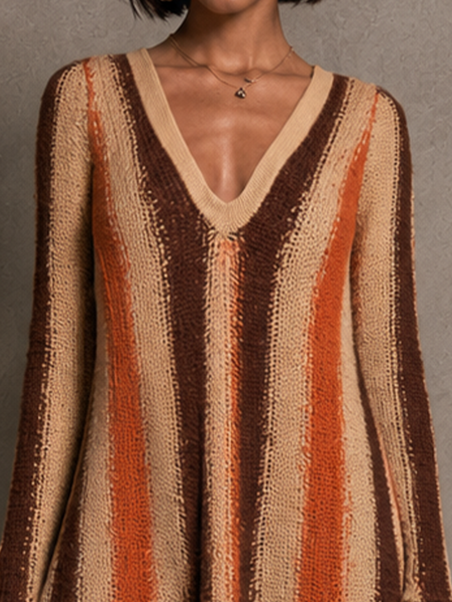 Women's Striped Fringe Bohemian Knit V-Neck Mini Dress MDZ2426H9GMJ