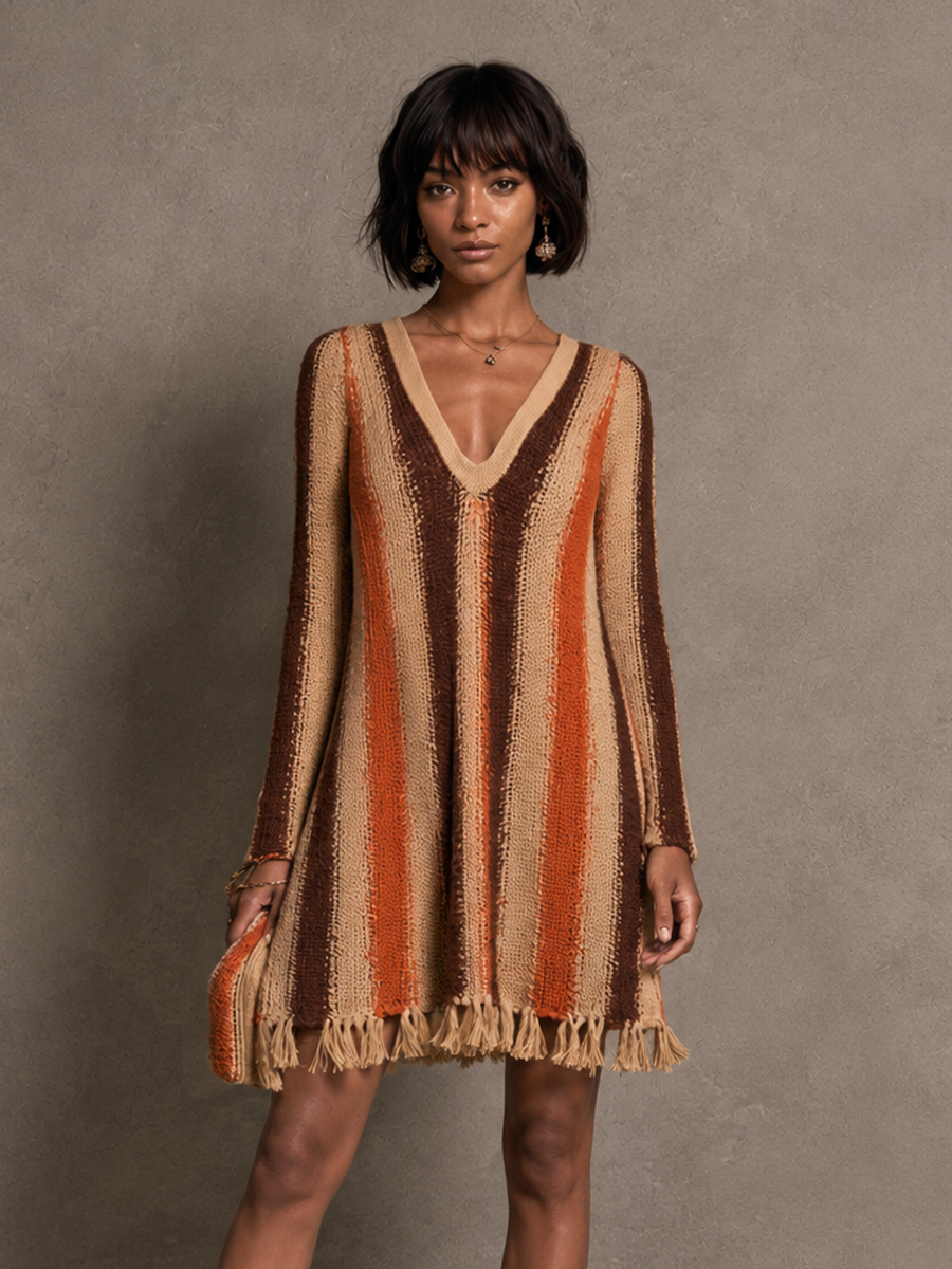 Women's Striped Fringe Bohemian Knit V-Neck Mini Dress MDZ2426H9GMJ