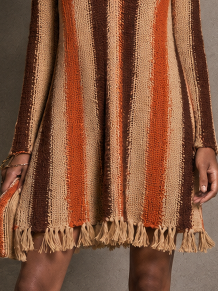 Women's Striped Fringe Bohemian Knit V-Neck Mini Dress MDZ2426H9GMJ