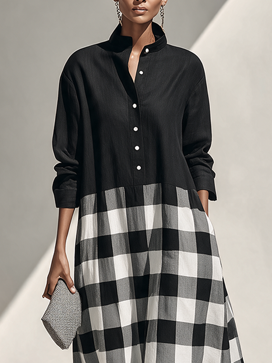 Women's Long-Sleeve Cotton-Linen Maxi Dress With Plaid Panel Detail MDZ2428H4ZRK
