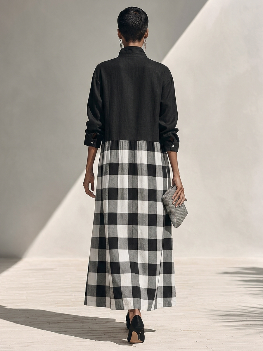Women's Long-Sleeve Cotton-Linen Maxi Dress With Plaid Panel Detail MDZ2428H4ZRK