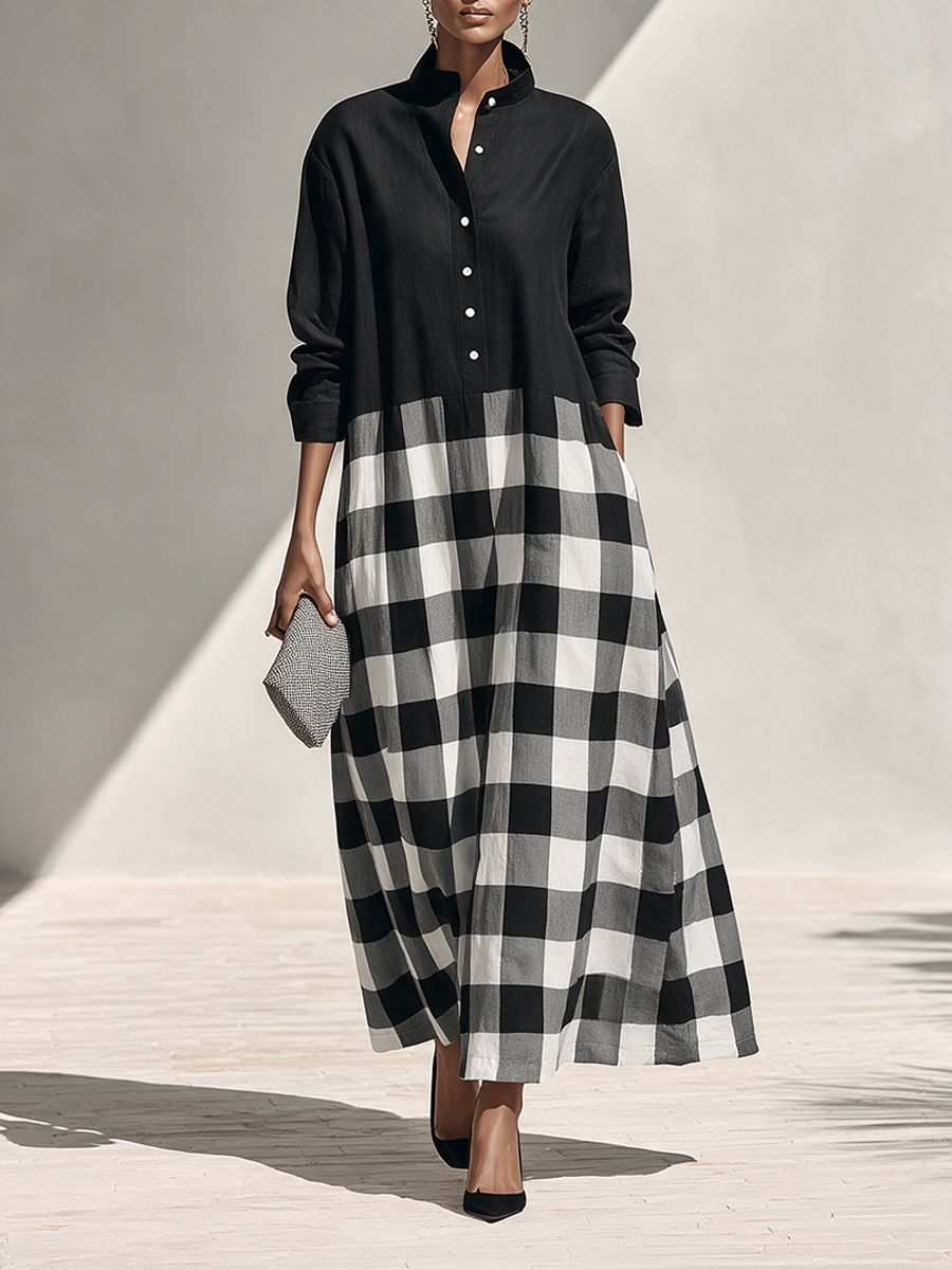 Women's Long-Sleeve Cotton-Linen Maxi Dress With Plaid Panel Detail MDZ2428H4ZRK