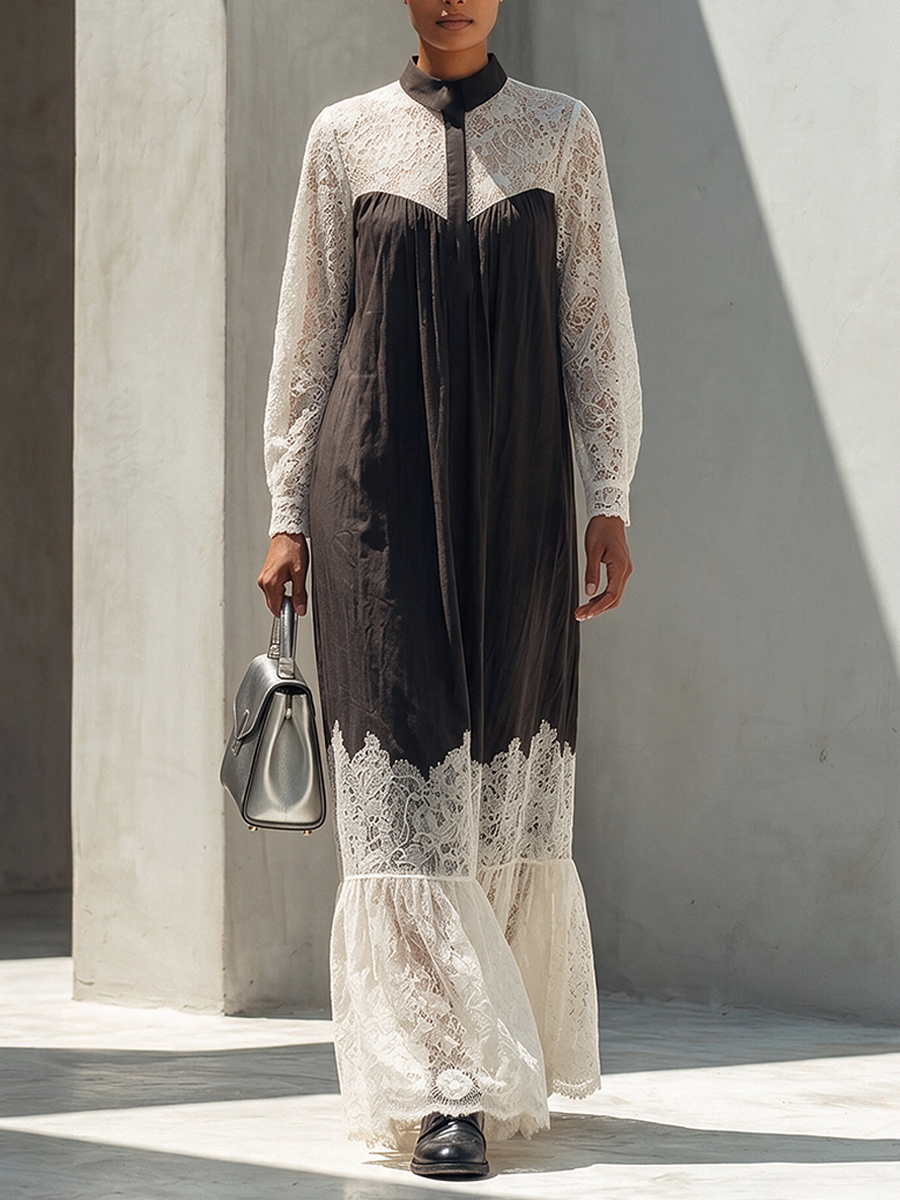 Women's Long-Sleeve Cotton-Blend Maxi Dress With Lace Paneling MDZ2406H1ZRK