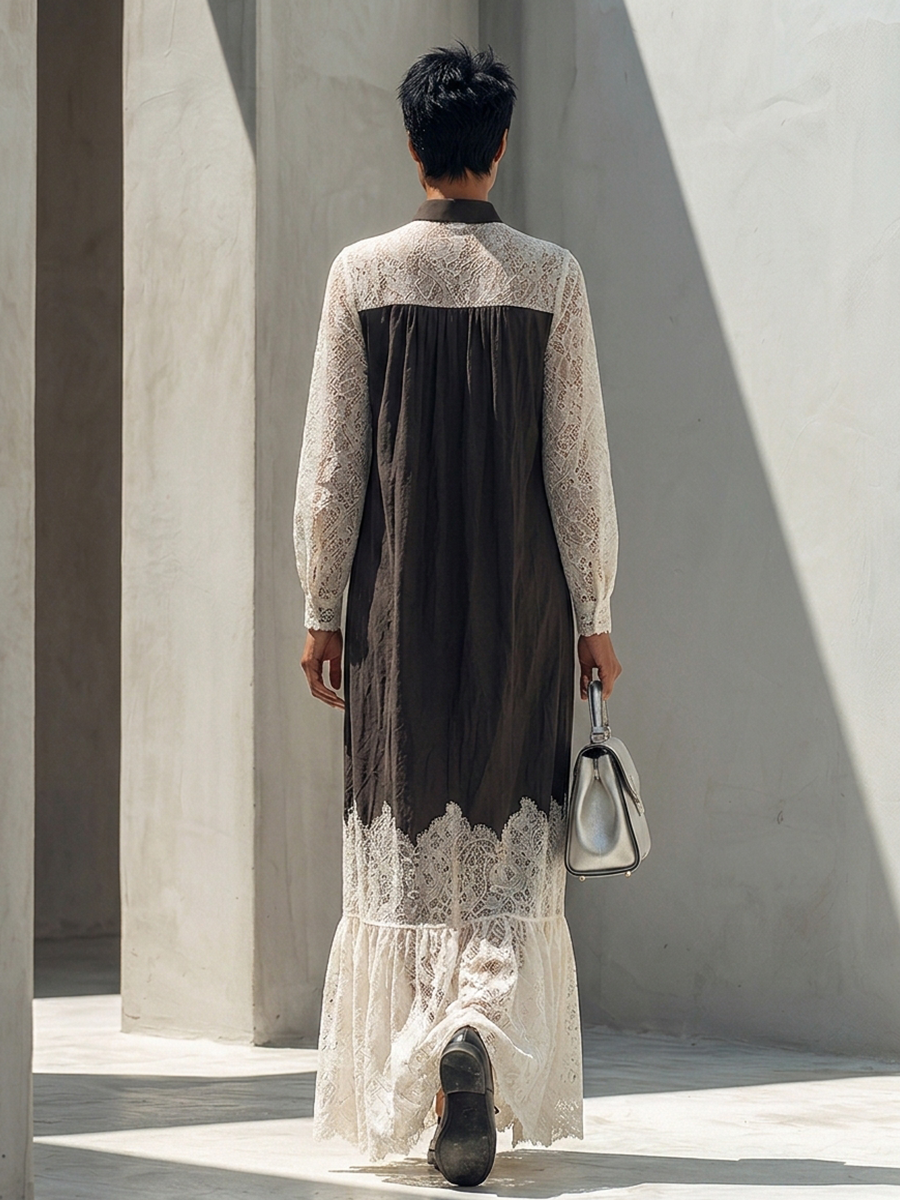 Women's Long-Sleeve Cotton-Blend Maxi Dress With Lace Paneling MDZ2406H1ZRK