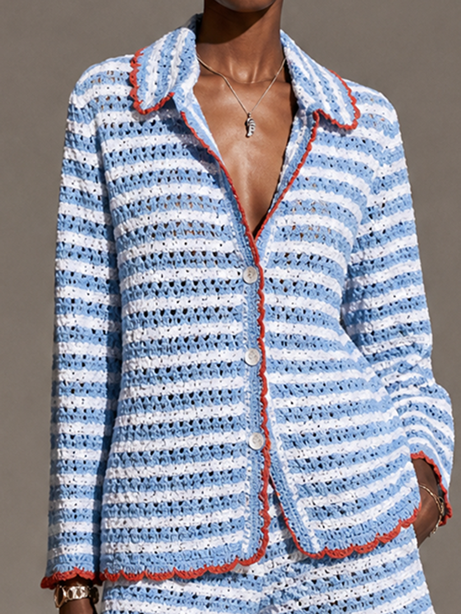Women's Openwork Striped Vacation Knit Collared Shorts Set MDZ2463H5GMJ