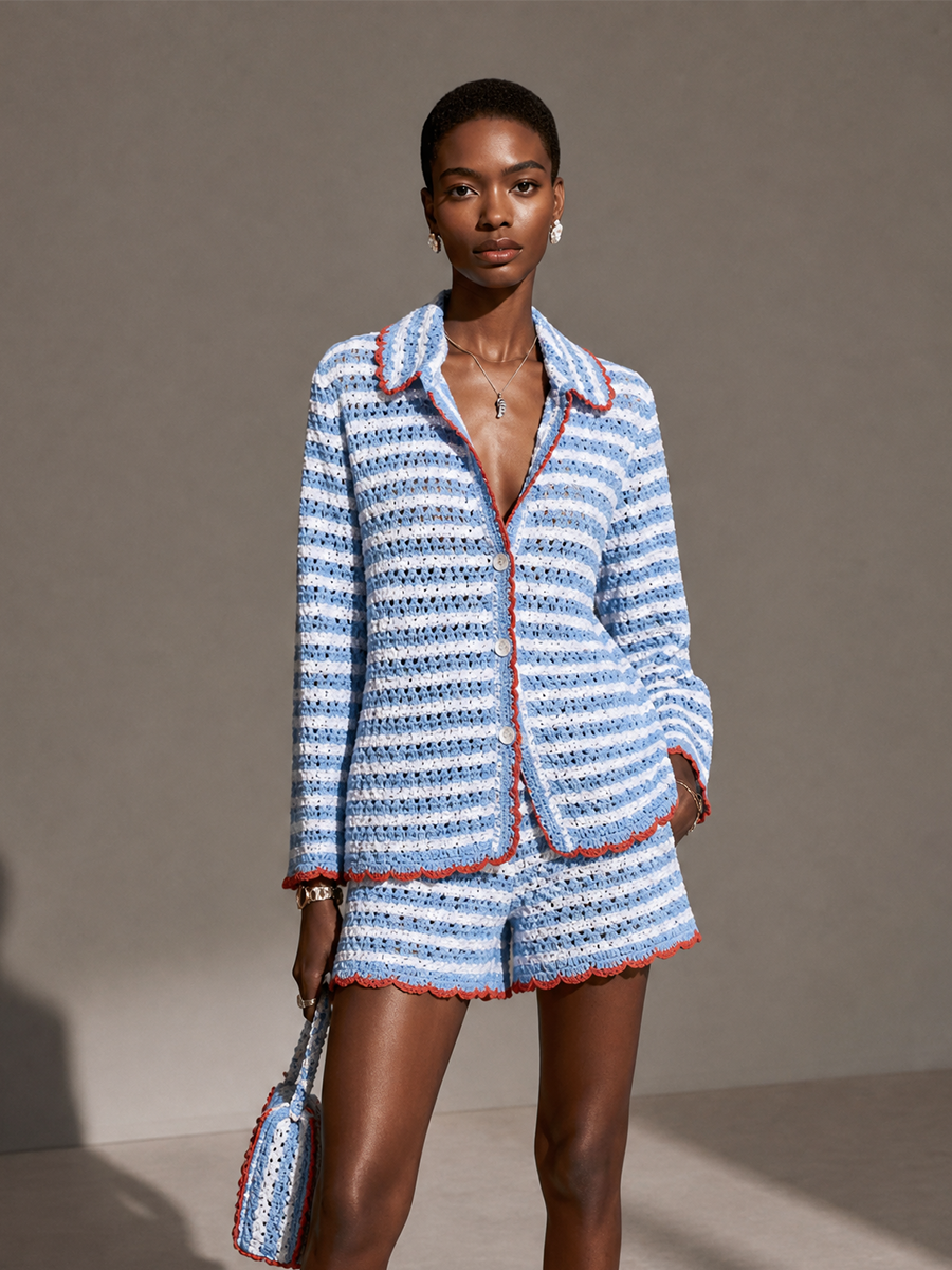 Women's Openwork Striped Vacation Knit Collared Shorts Set MDZ2463H5GMJ