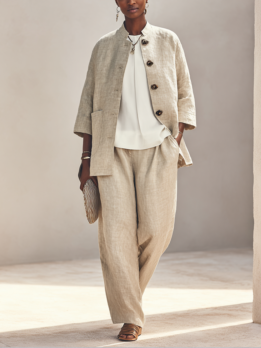 Women's Button Casual Cotton Linen Stand Collar Wide-Leg Pants Set MDZ2469H8GMJ