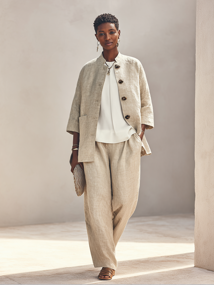 Women's Button Casual Cotton Linen Stand Collar Wide-Leg Pants Set MDZ2469H8GMJ