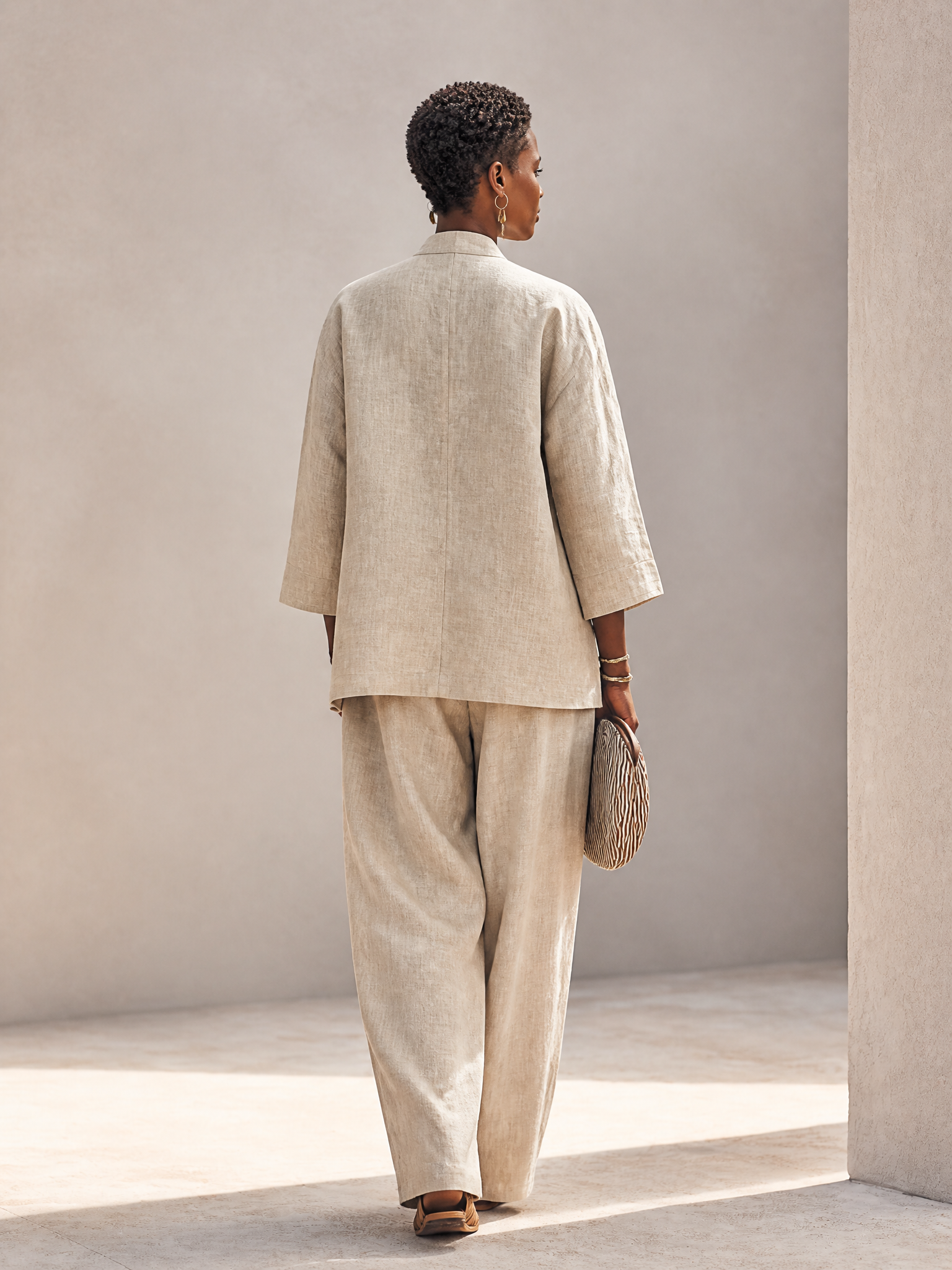 Women's Button Casual Cotton Linen Stand Collar Wide-Leg Pants Set MDZ2469H8GMJ