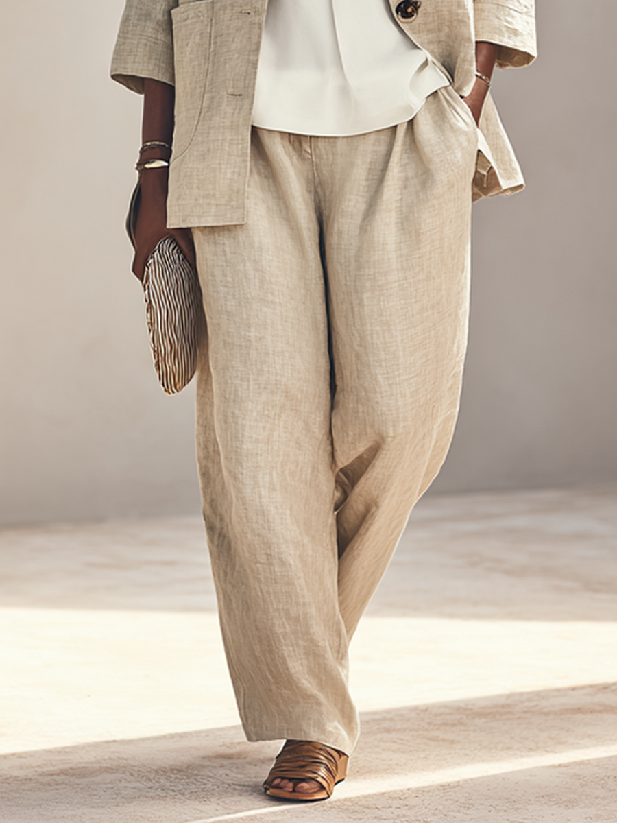 Women's Button Casual Cotton Linen Stand Collar Wide-Leg Pants Set MDZ2469H8GMJ