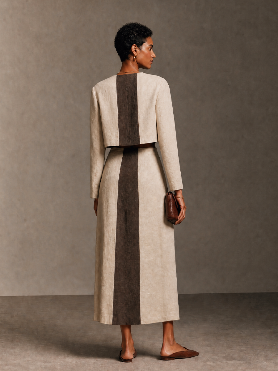 Women's Colorblock Elegant Cotton Linen Crew Neck Skirt Set MDZ2486H5GMJ