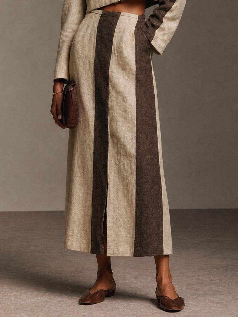Women's Colorblock Elegant Cotton Linen Crew Neck Skirt Set MDZ2486H5GMJ