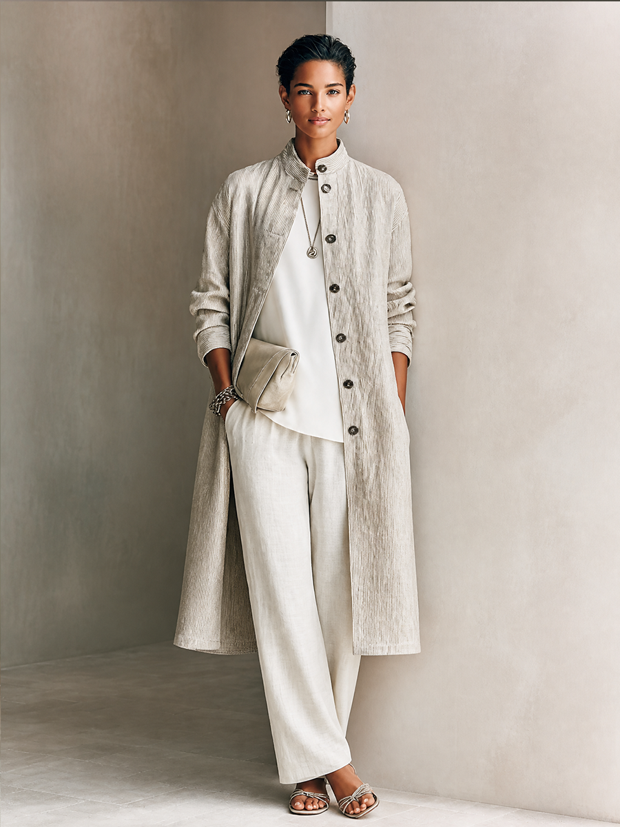 Women's Pinstripe Commuter Stand Collar Long Coat MDZ2482H2GMJ