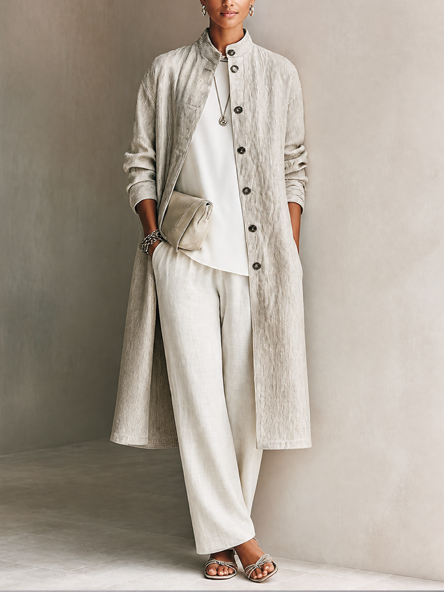 Women's Pinstripe Commuter Stand Collar Long Coat MDZ2482H2GMJ