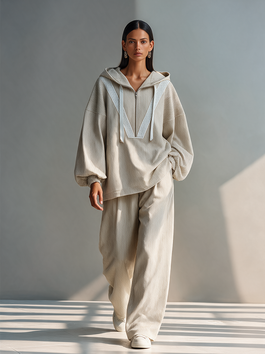 Women's Hooded Half-Zip Drop-Shoulder Oversized Pullover And Wide-Leg Pants Two-Piece Set MDZ2588H1CMX