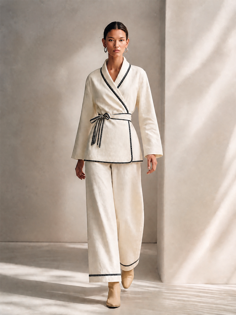 Women's Contrast-Trim Belted Wrap Top And Wide-Leg Pants Two-Piece Set MDZ2590H4CMX