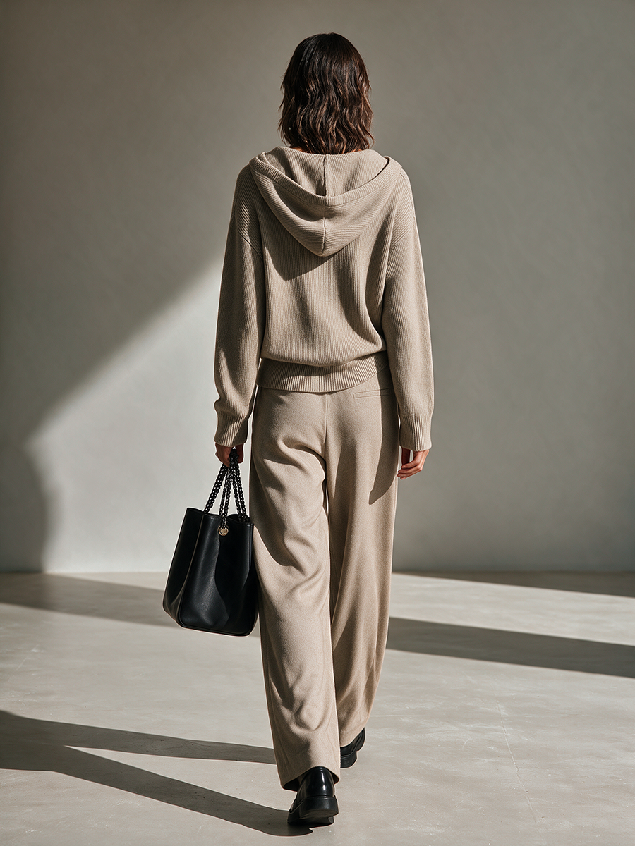 Women's Hooded Collar Knit Top And Wide-Leg Pants Set MDZ2576H6CMX