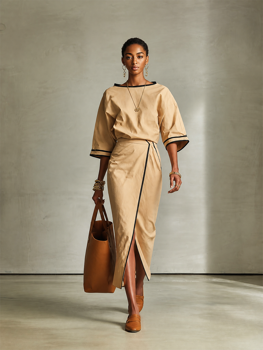 Women's Contrast-Trim Boat-Neck Drop-Shoulder Top And Wrap Slit Midi Skirt Two-Piece Set MDZ2551H1CMX