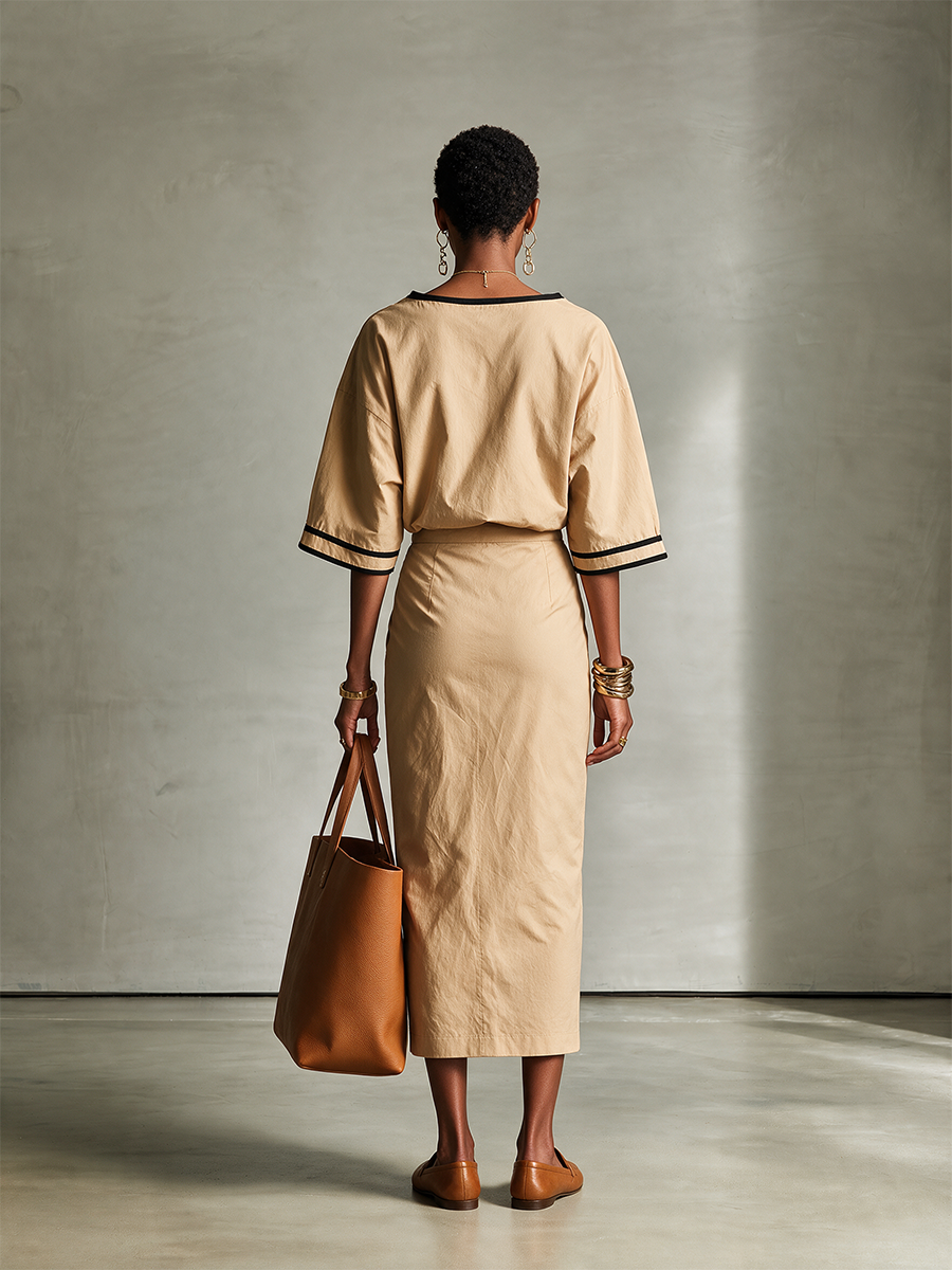 Women's Contrast-Trim Boat-Neck Drop-Shoulder Top And Wrap Slit Midi Skirt Two-Piece Set MDZ2551H1CMX