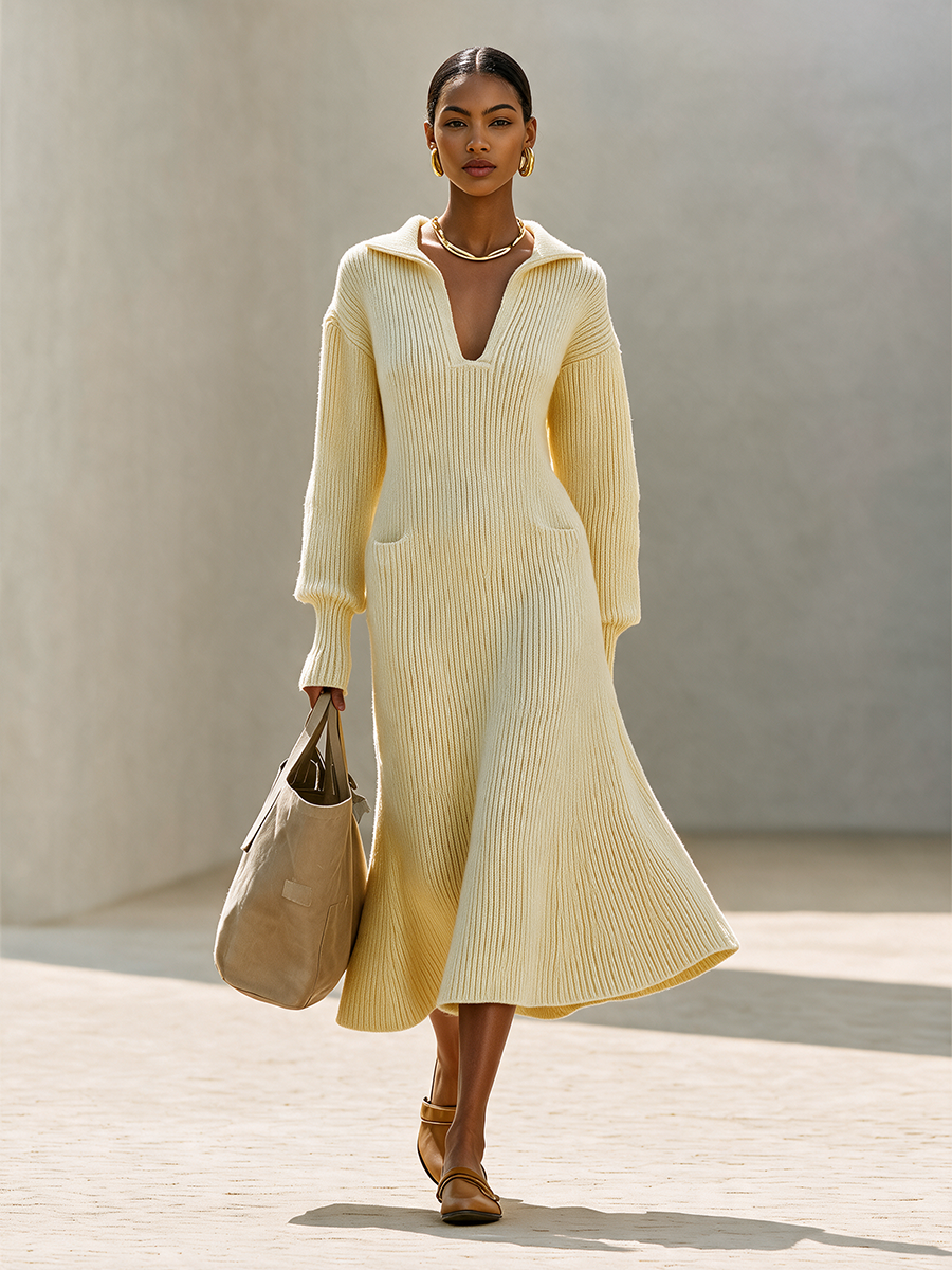 Women's Johnny Collar V-Neck Drop-Shoulder Long-Sleeve Pocket A-Line Midi Dress MDZ2518H6CMX