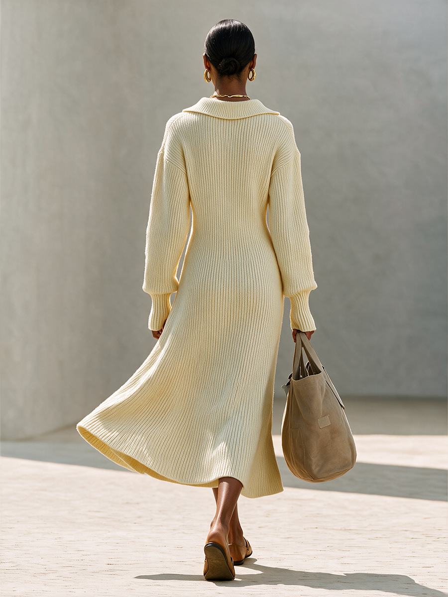 Women's Johnny Collar V-Neck Drop-Shoulder Long-Sleeve Pocket A-Line Midi Dress MDZ2518H6CMX