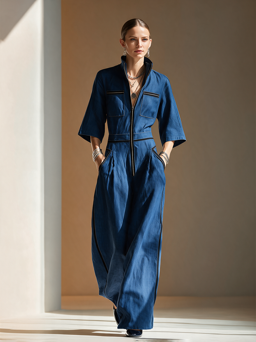 Women's Denim Stand-Collar Zip Black-Trim Cargo-Pocket Short-Sleeve Wide-Leg Jumpsuit MDZ2514H3CMX