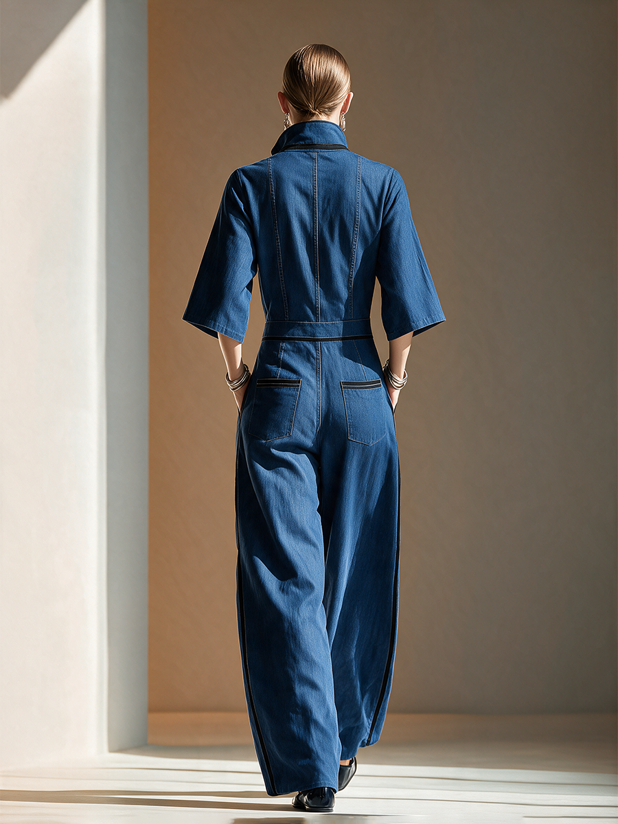 Women's Denim Stand-Collar Zip Black-Trim Cargo-Pocket Short-Sleeve Wide-Leg Jumpsuit MDZ2514H3CMX