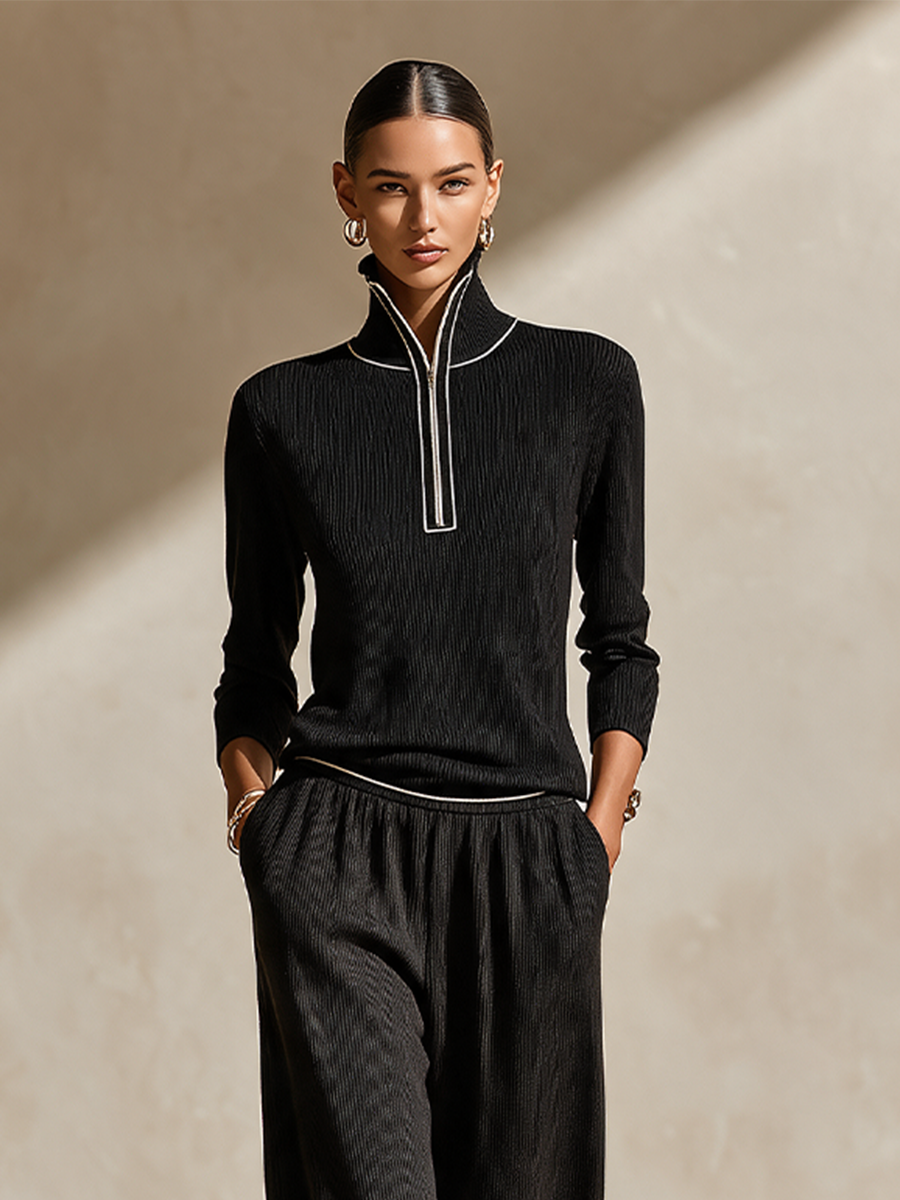Women's Half‑Zip Ribbed Casual Two‑Piece Knit Set MDZ2575H6LYL