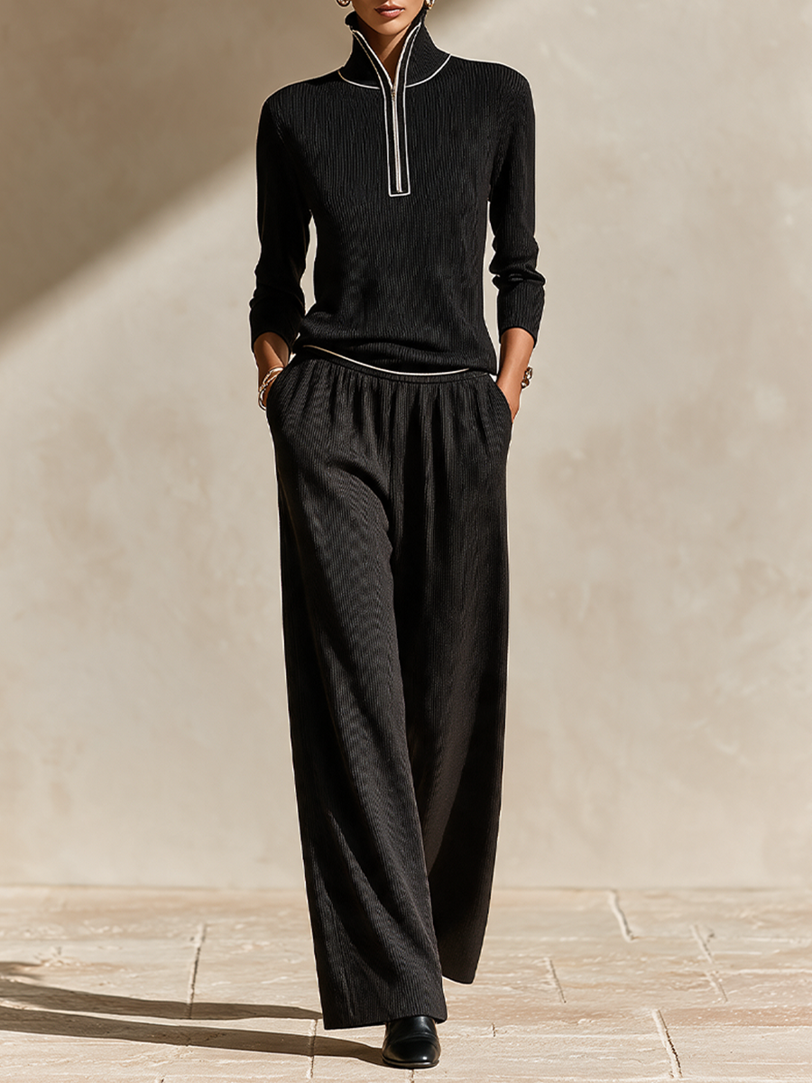 Women's Half‑Zip Ribbed Casual Two‑Piece Knit Set MDZ2575H6LYL
