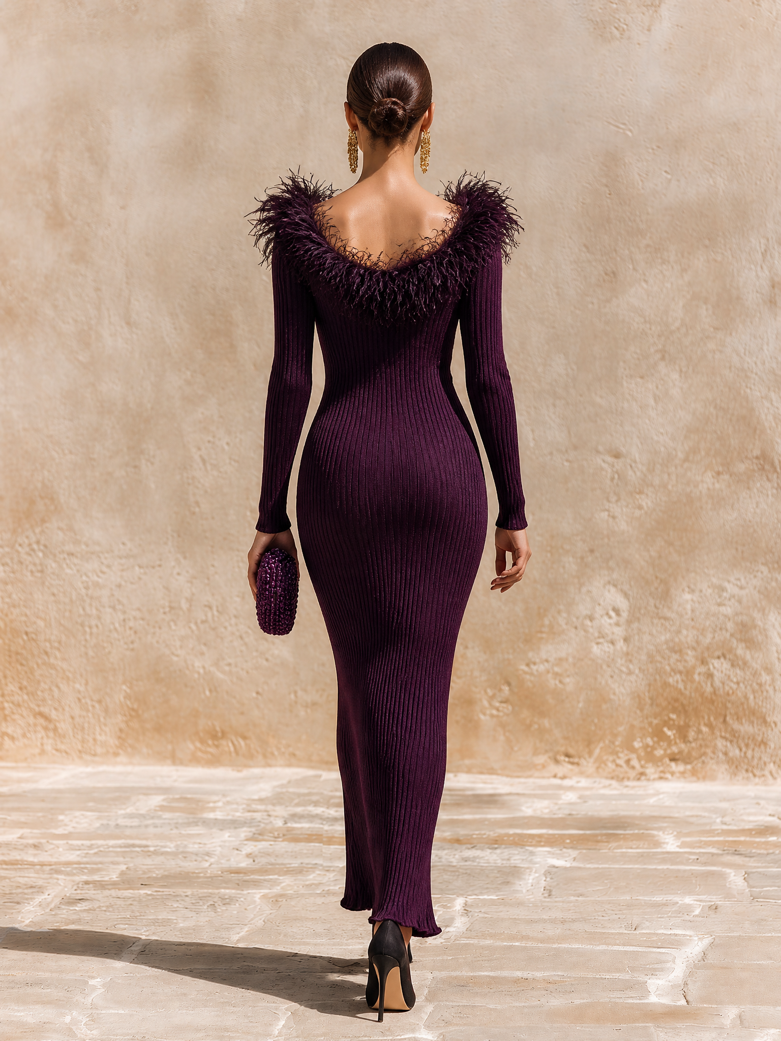 Women's Feather‑Trim V‑Neck Party Maxi Sweater Dress MDZ2574H4LYL