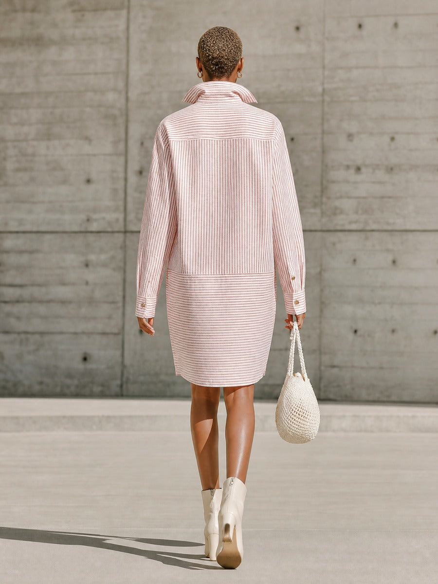 Women's Striped Button Front Pink Shirt Dress MDZ2547H7YZJ