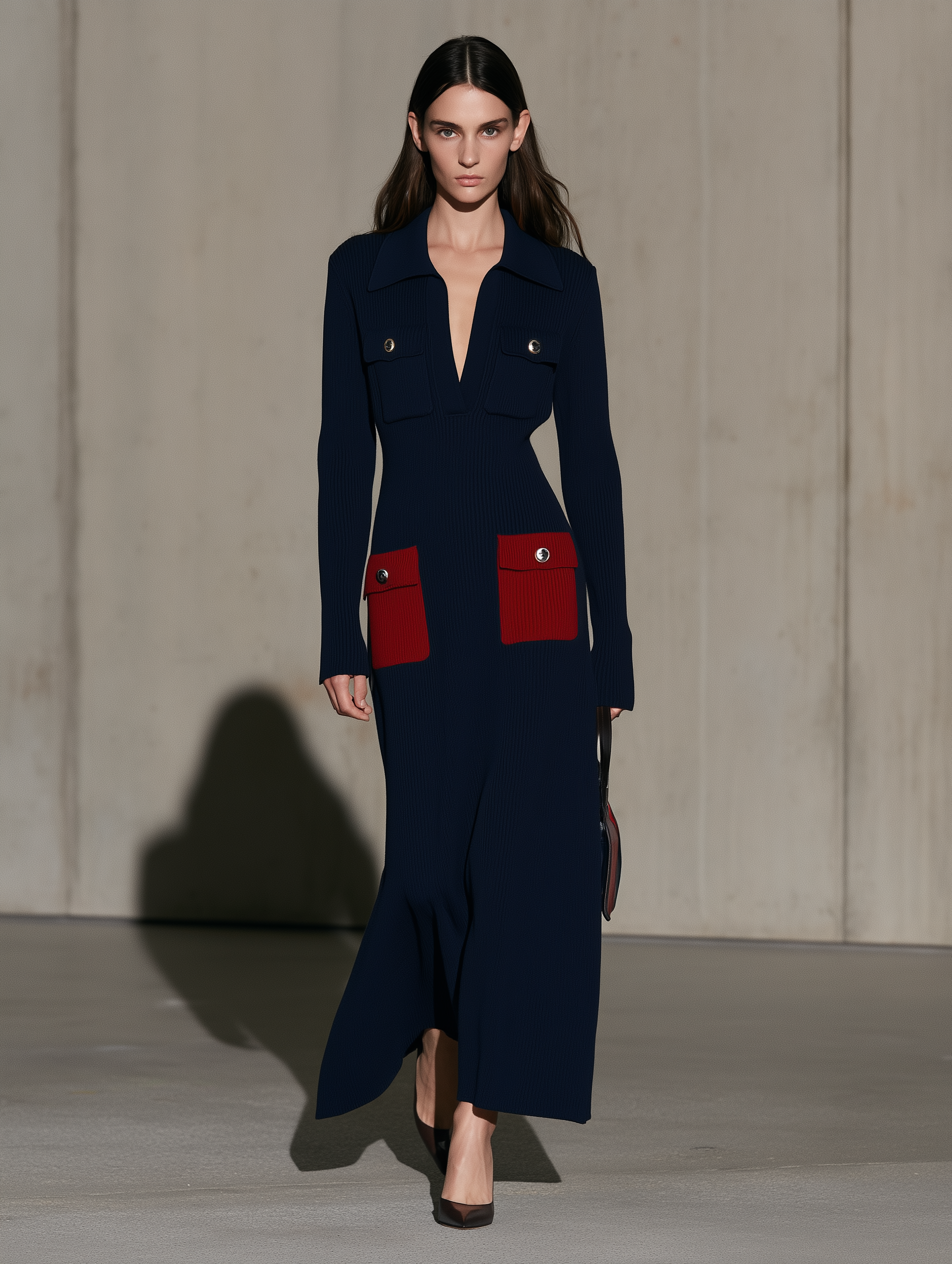 Women's Long Sleeve Colorblock Pocket Navy Maxi Dress MDZ2510H1YZJ