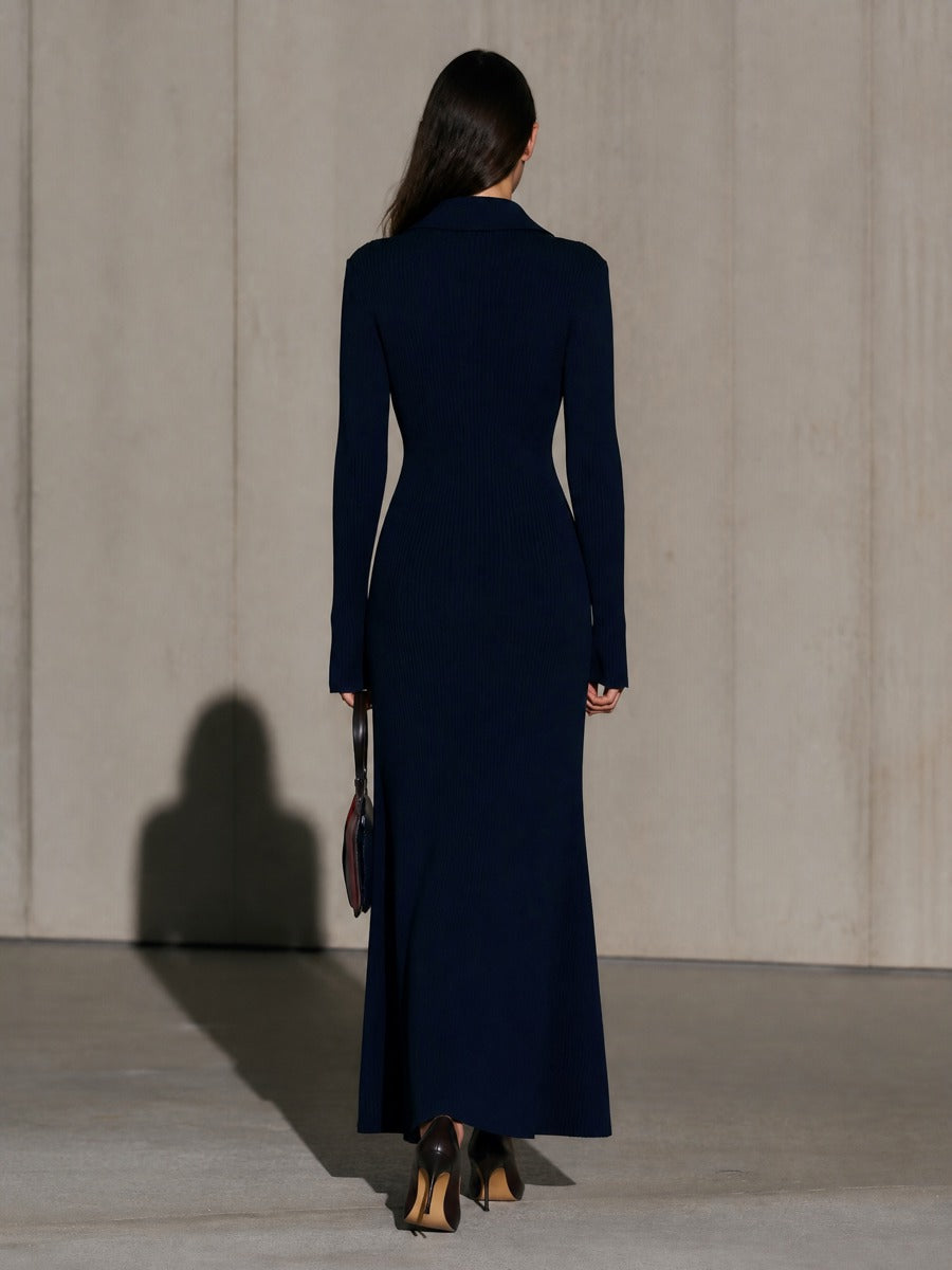 Women's Long Sleeve Colorblock Pocket Navy Maxi Dress MDZ2510H1YZJ