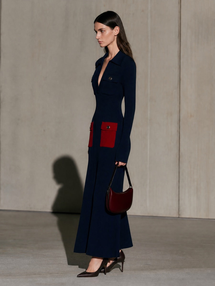 Women's Long Sleeve Colorblock Pocket Navy Maxi Dress MDZ2510H1YZJ