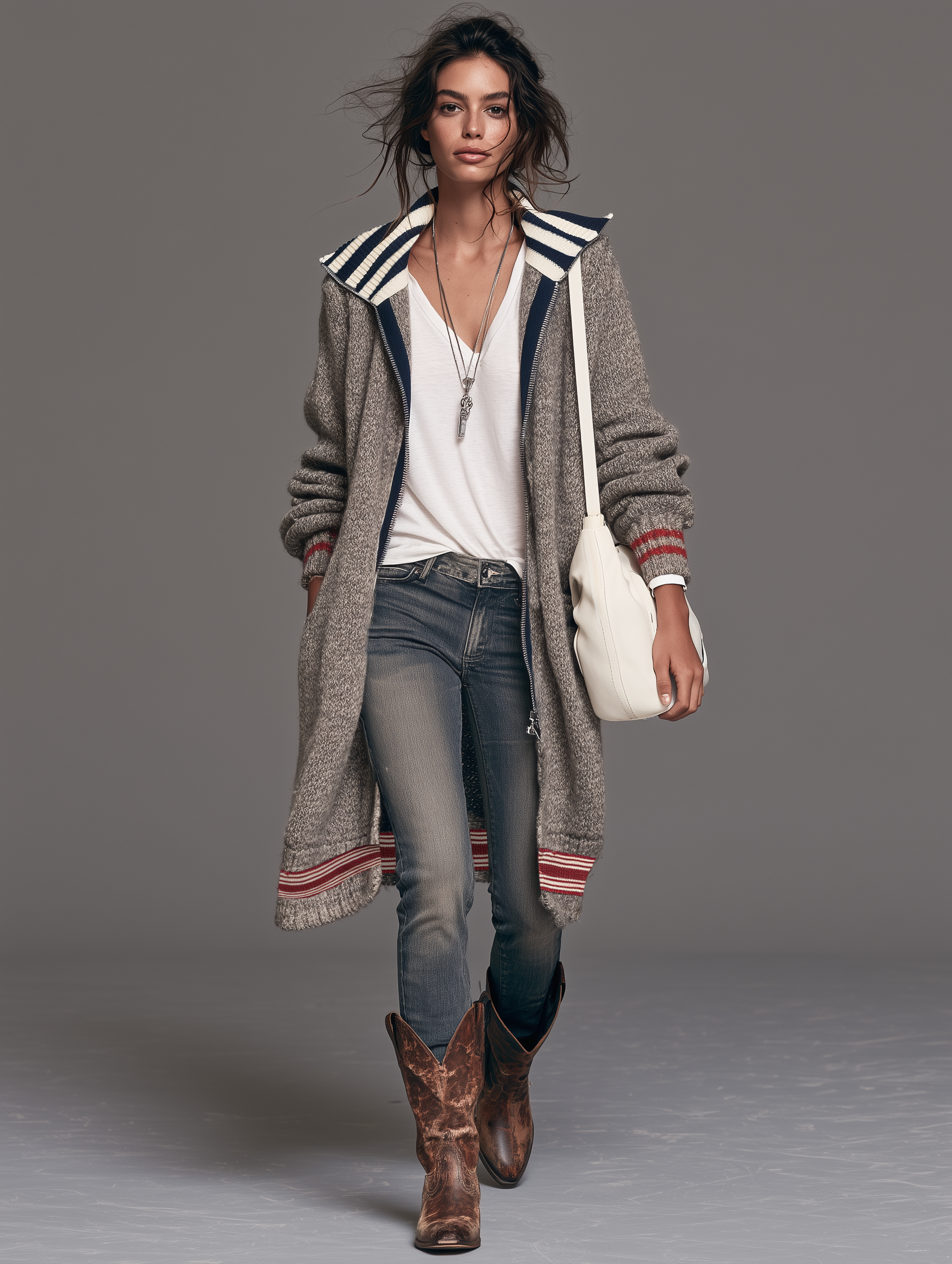 Women's Vintage Color-Block Striped Zip-Up Mid-Length Cardigan MDZ2550H4WY