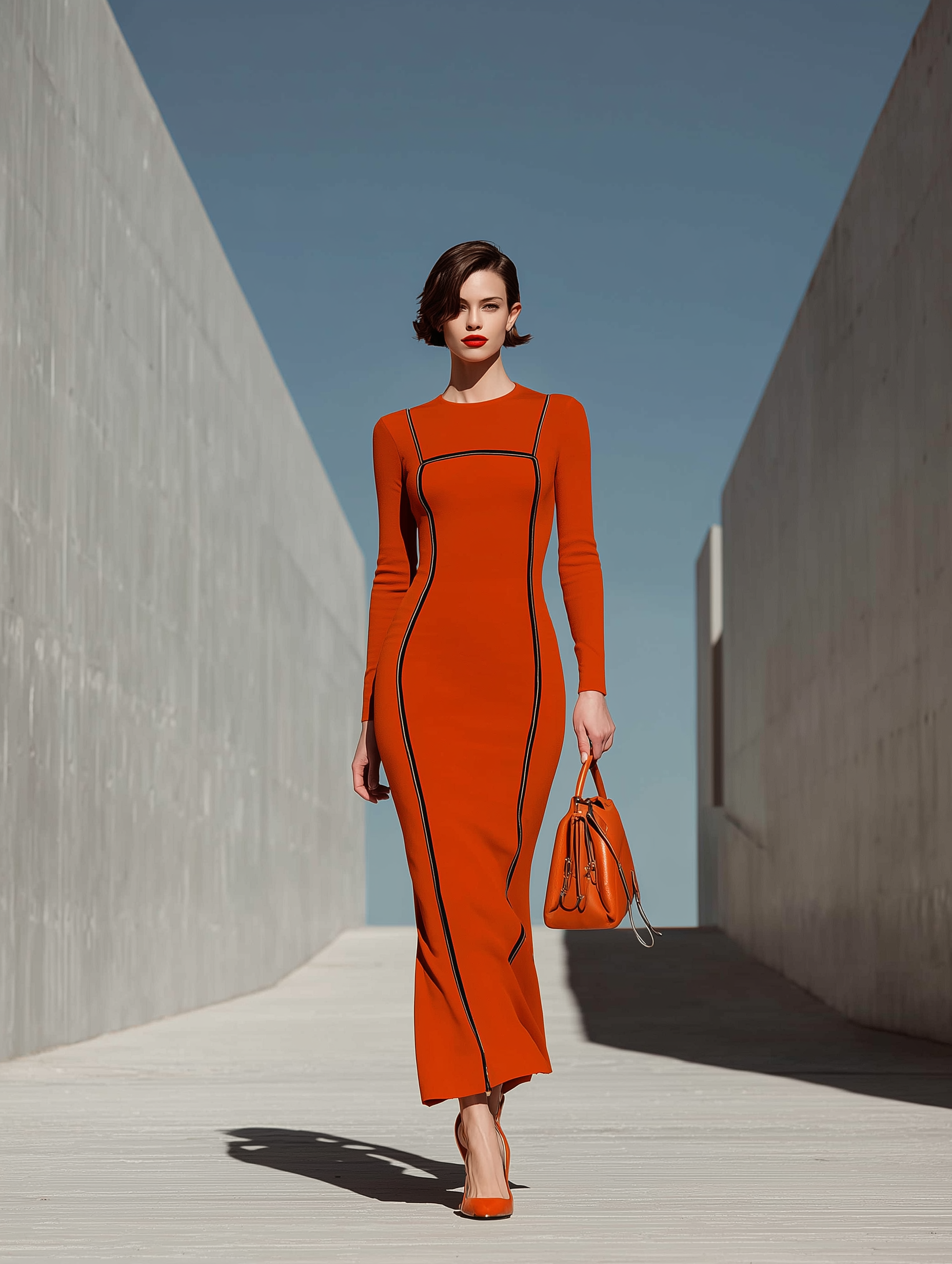 Women's Long Sleeve Contrast Piping Orange Maxi Dress MDZ2524H2YZJ