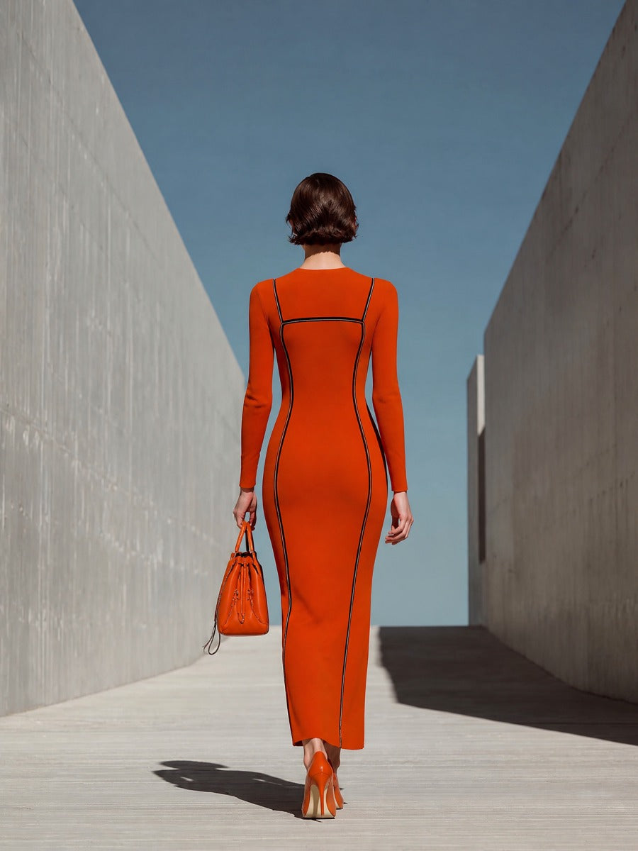 Women's Long Sleeve Contrast Piping Orange Maxi Dress MDZ2524H2YZJ