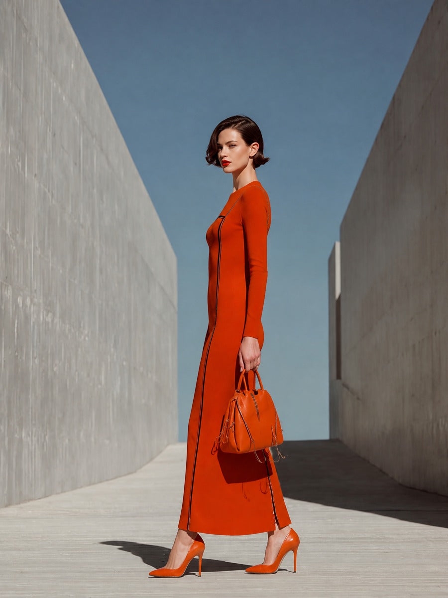 Women's Long Sleeve Contrast Piping Orange Maxi Dress MDZ2524H2YZJ