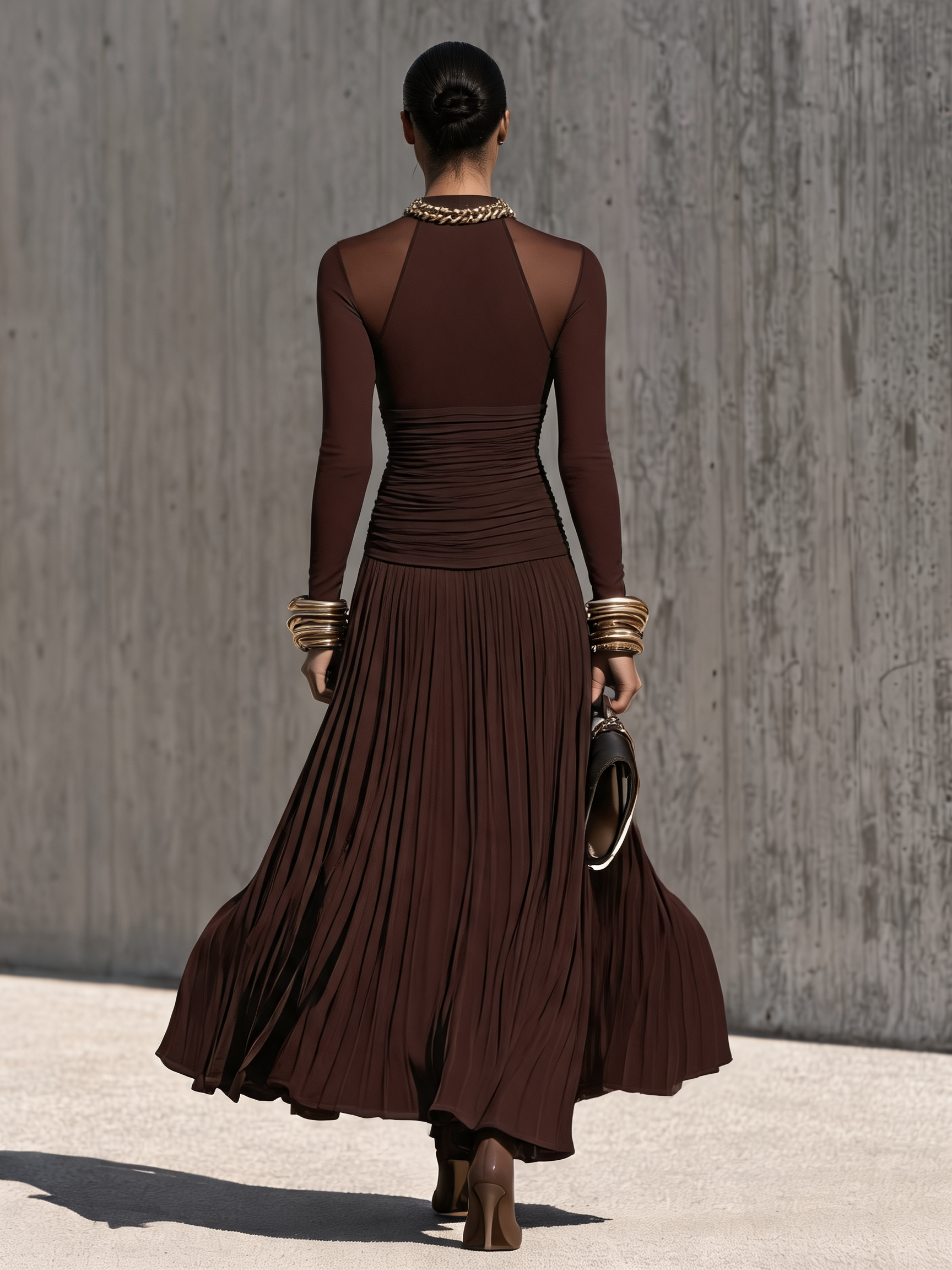Women's Ruched Waist Pleated Brown Maxi Dress MDZ2510H8YZJ