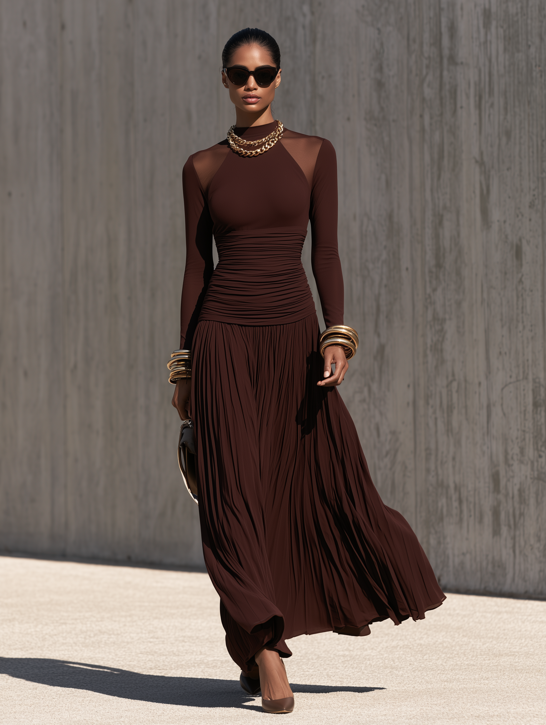 Women's Ruched Waist Pleated Brown Maxi Dress MDZ2510H8YZJ