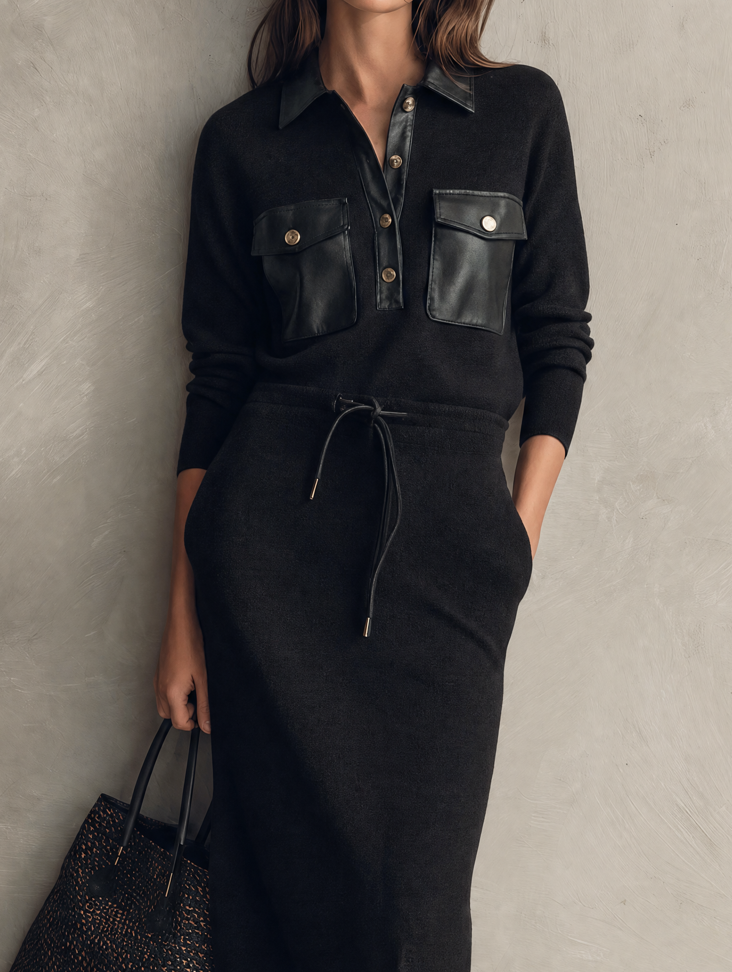 Women's Casual Black Long-Sleeve Midi Dress With Knit And Leather Paneling MDZ2552H1LXY