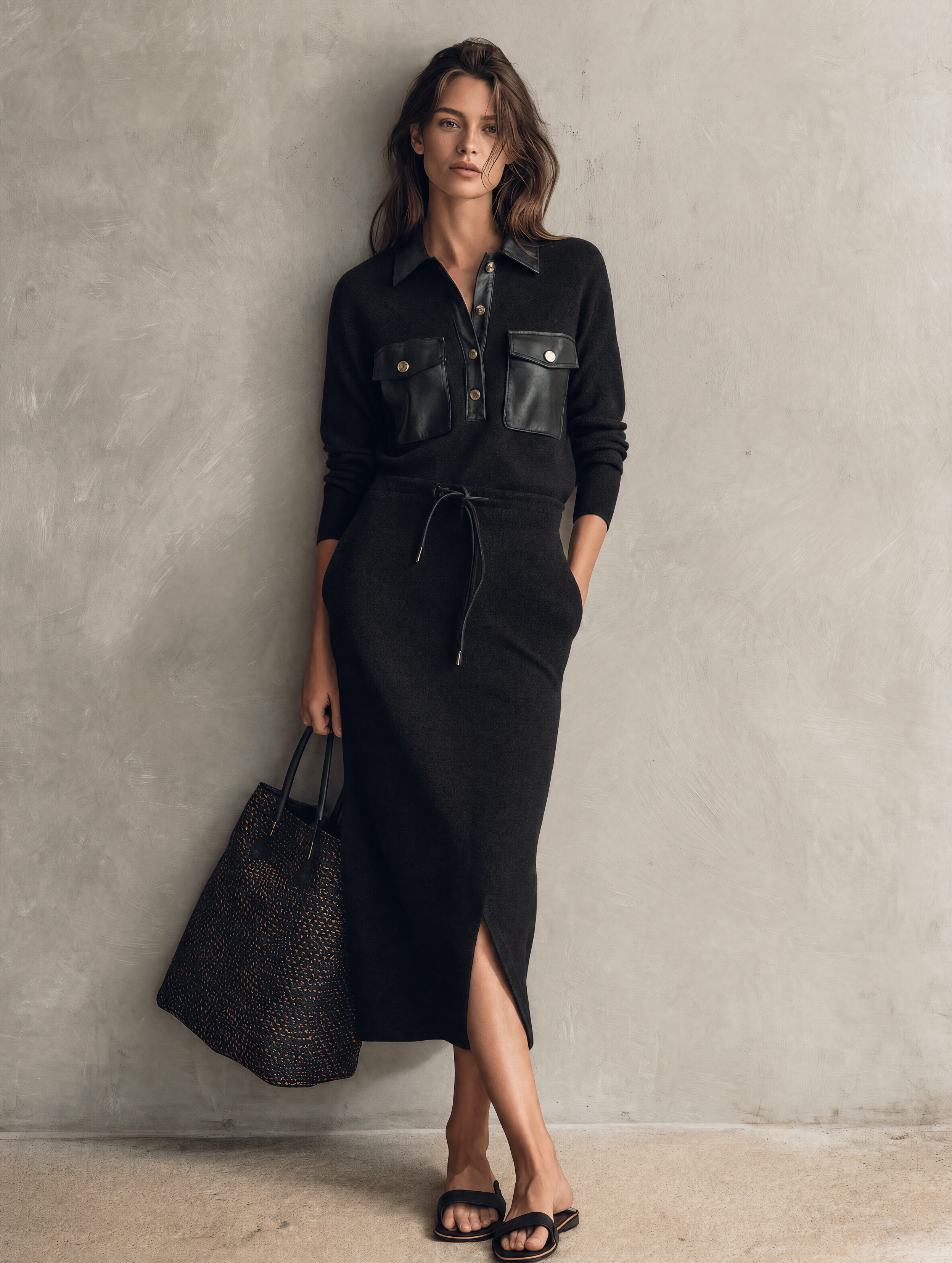 Women's Casual Black Long-Sleeve Midi Dress With Knit And Leather Paneling MDZ2552H1LXY