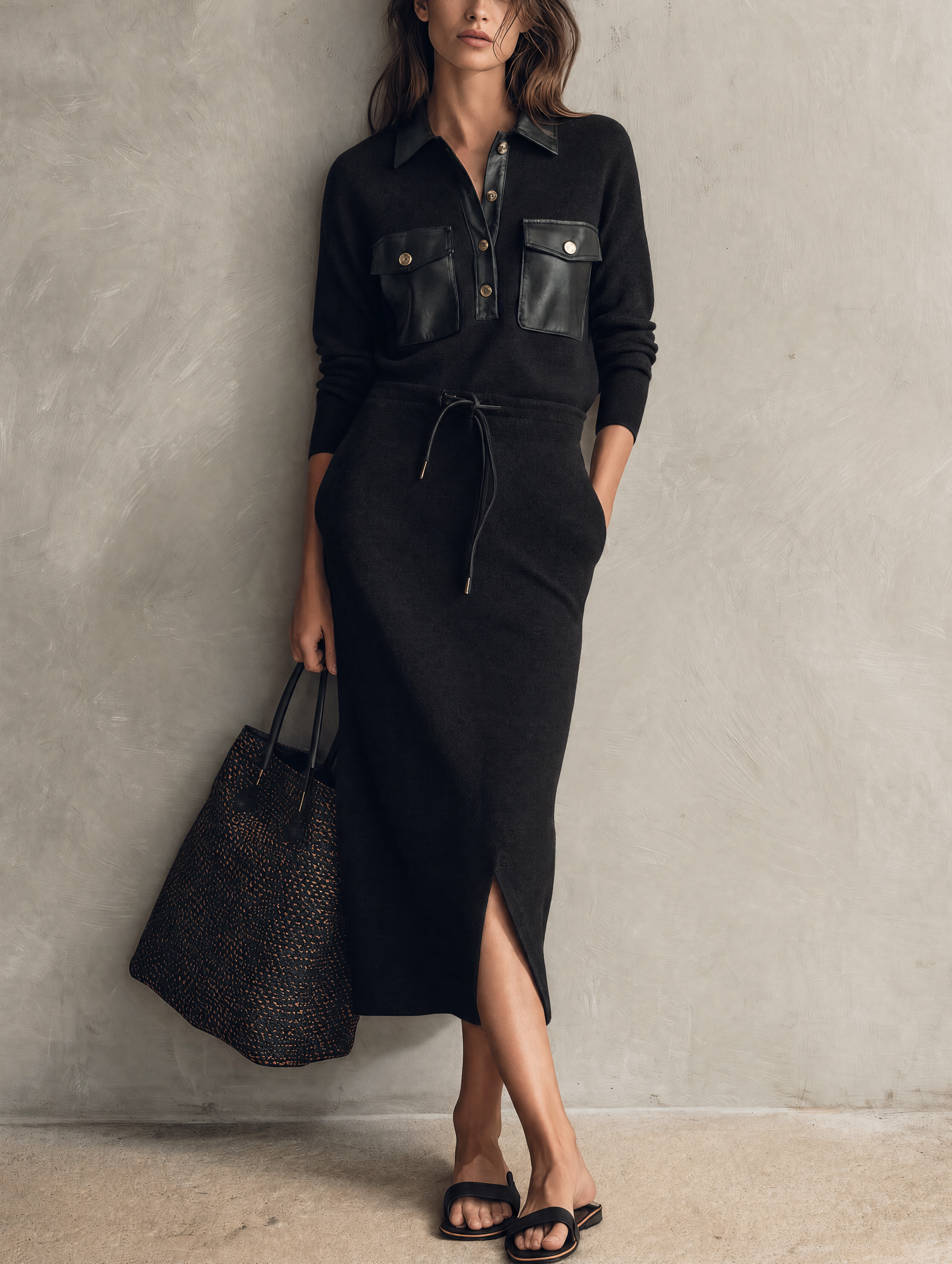 Women's Casual Black Long-Sleeve Midi Dress With Knit And Leather Paneling MDZ2552H1LXY