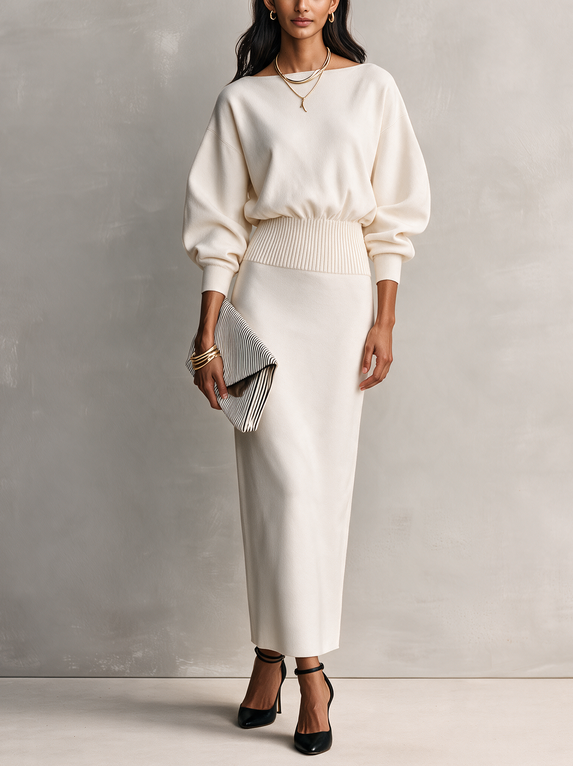 Women's Comfortable Beige Long-Sleeve Maxi Dress In Sweatshirt Fabric MDZ2558H7LXY