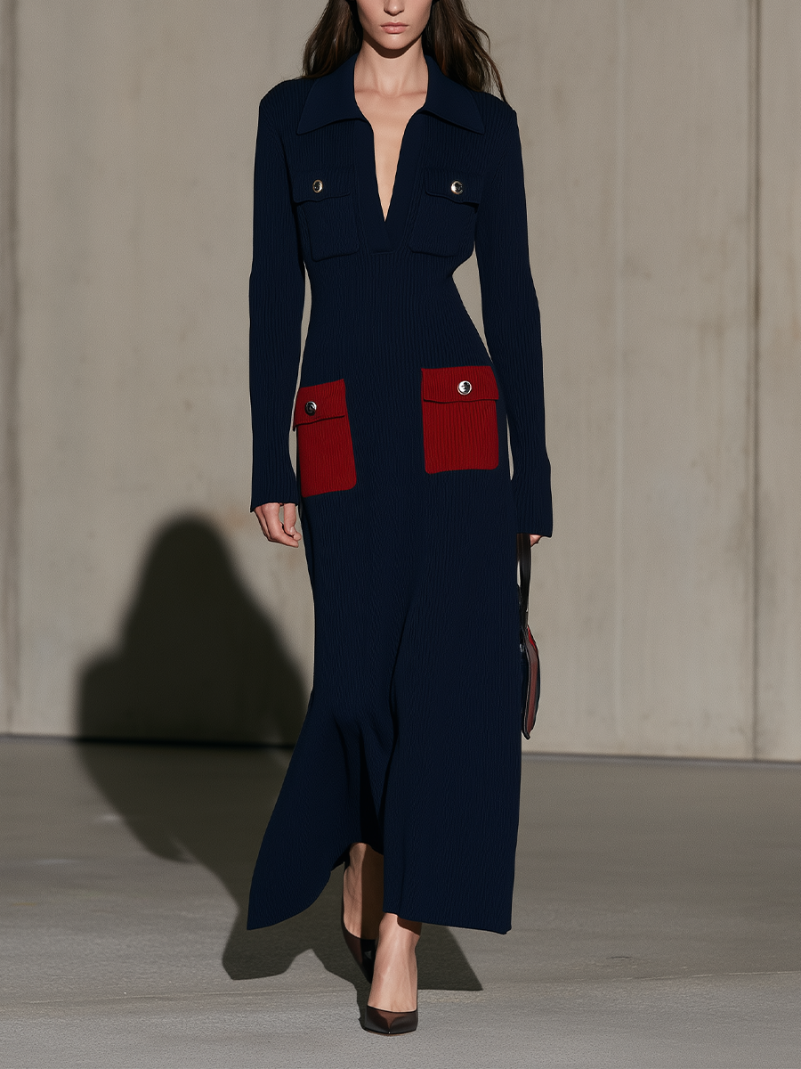 Women's Long Sleeve Colorblock Pocket Navy Maxi Dress MDZ2510H1YZJ
