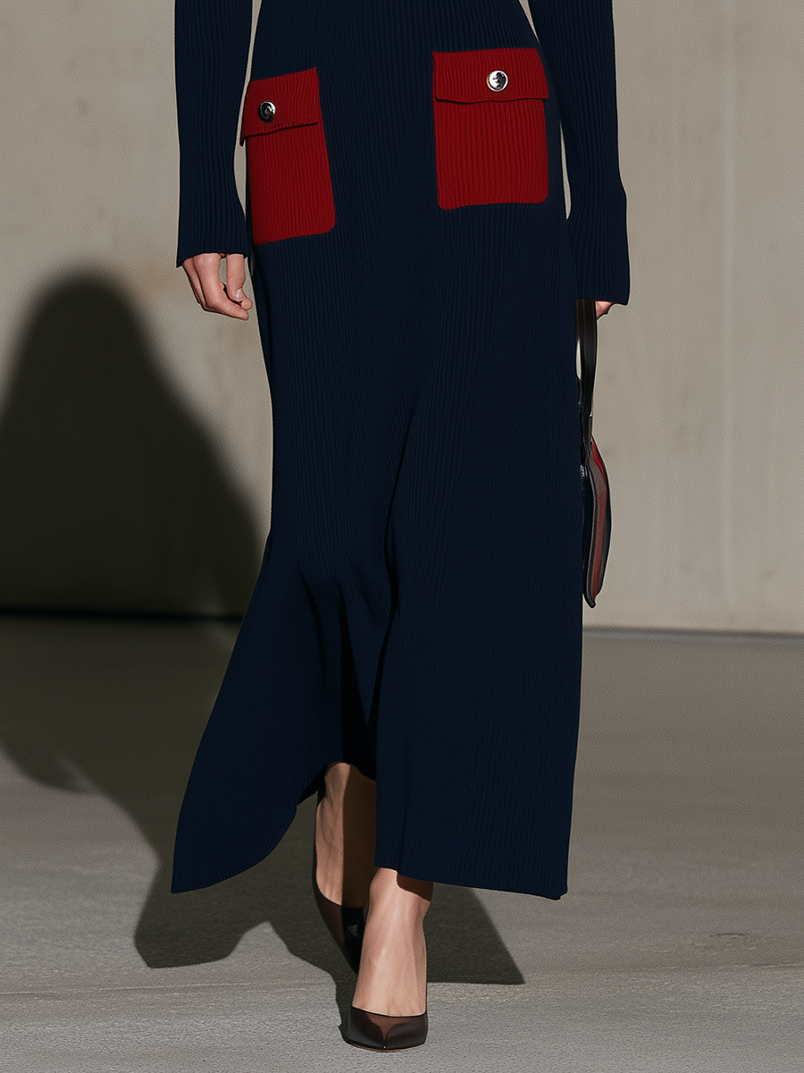 Women's Long Sleeve Colorblock Pocket Navy Maxi Dress MDZ2510H1YZJ