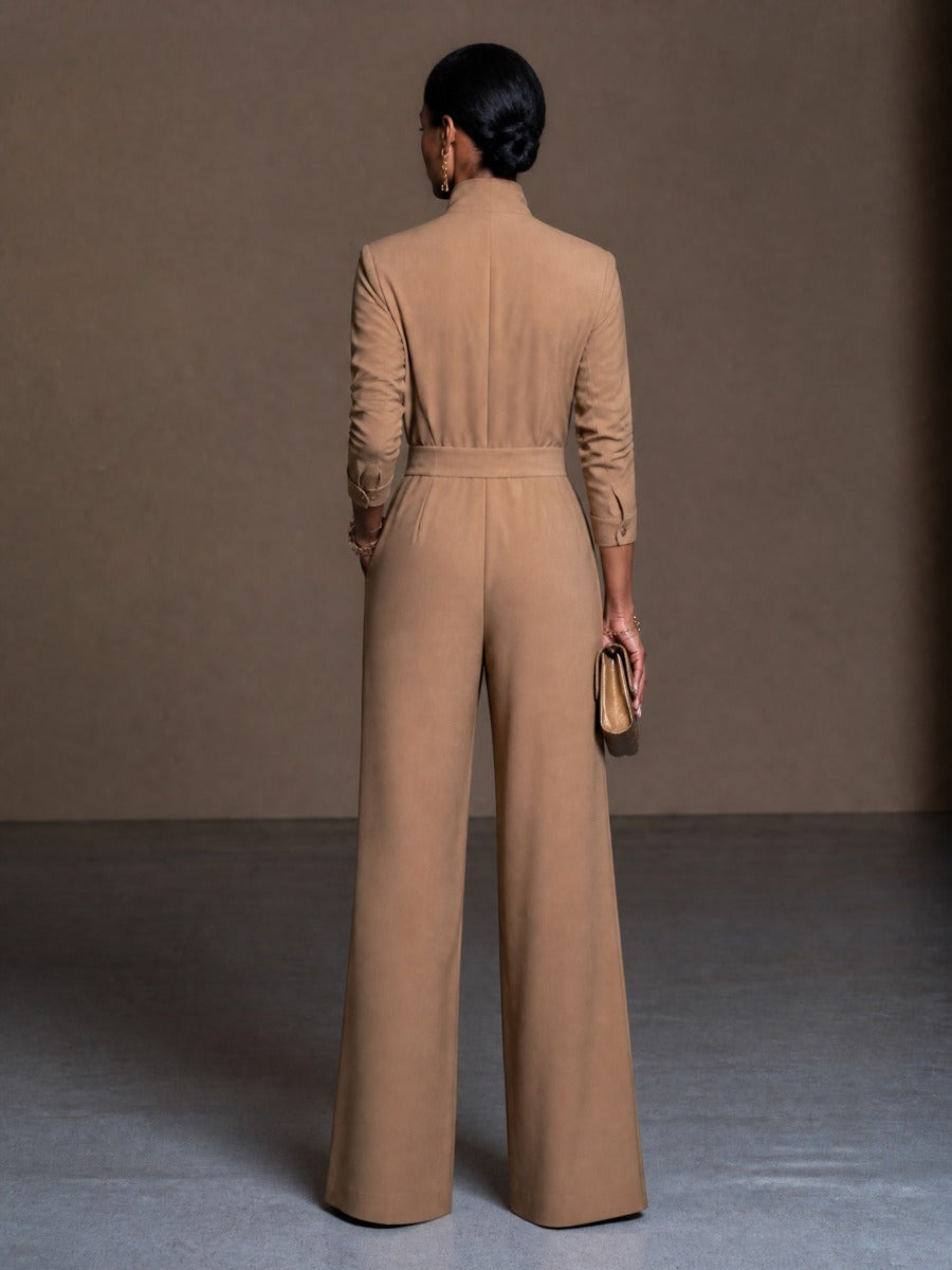 Women's Zipper Stand Collar Casual Long Sleeve Wide Leg Jumpsuit MDZ2540H3GMJ
