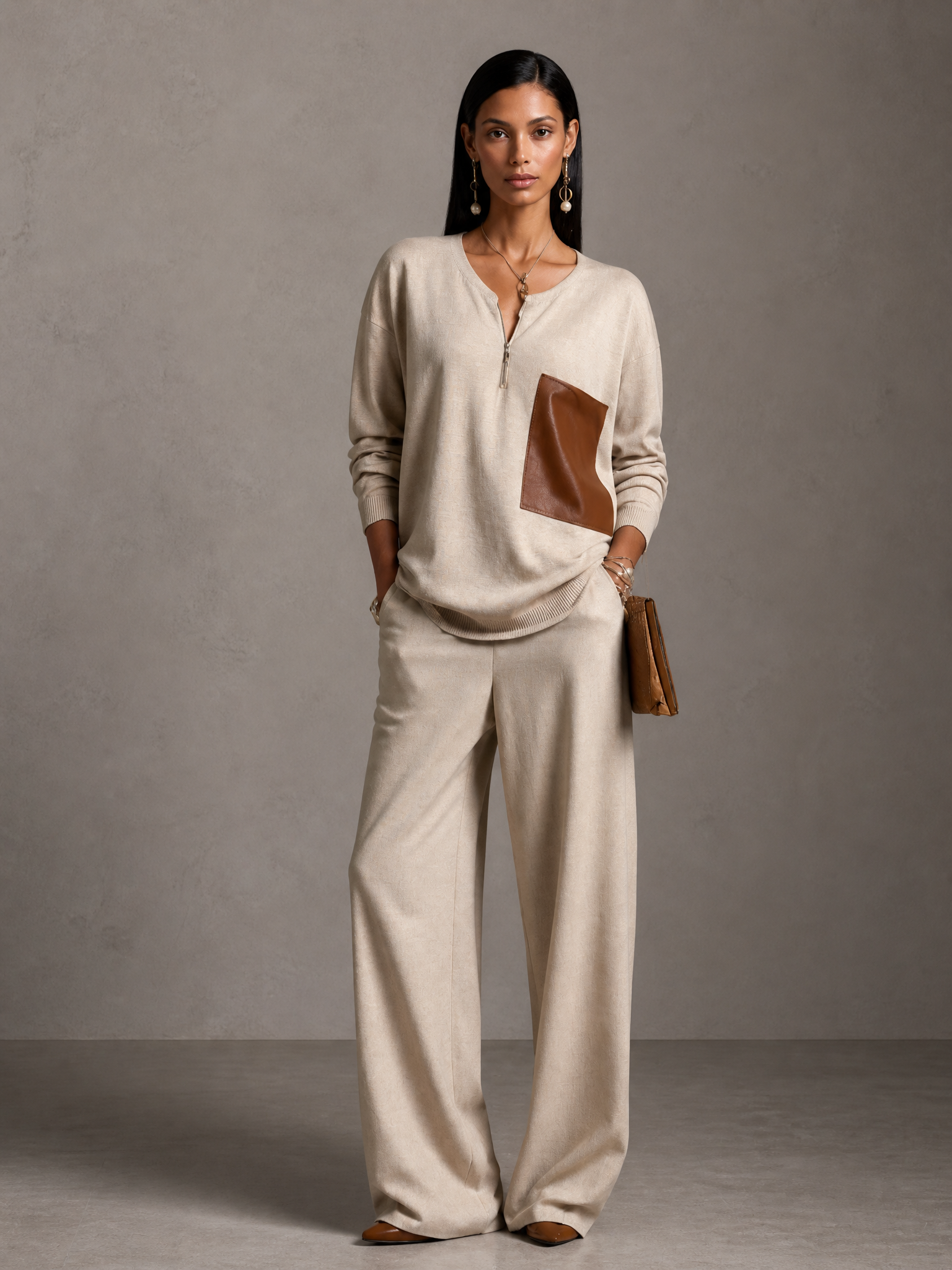 Women's Faux Leather Patchwork Casual Sweater And Wide-leg Pants Set MDZ2510H0GMJ
