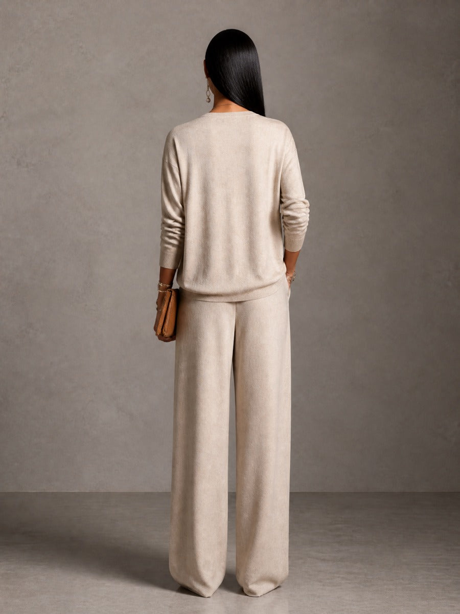 Women's Faux Leather Patchwork Casual Sweater And Wide-leg Pants Set MDZ2510H0GMJ